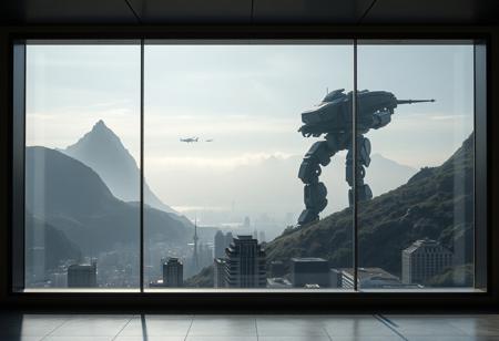 view through a panorama window wall, overlooking the edge of a modern city against a hillside landscape with a mountain peak on either side, 
between the mountains on the hazy horizon emerges mecha reminiscent of the jaeger model from the movie pacific rim