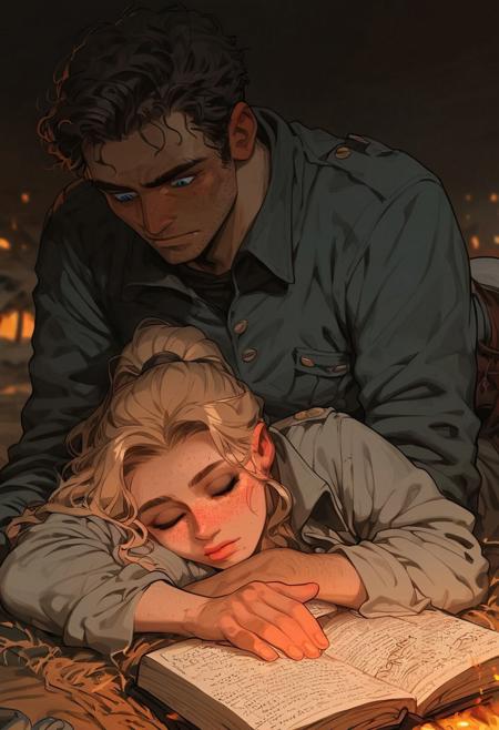 score_9, score_8_up, score_7_up, high res, remastered, high quality, size difference, couple, western desert at night, night, nighttime, rustic campfire in the background, calm darkness, Expressiveh, g0thicPXL, glowing, neon,
BREAK,
1 short woman, blonde hair, ponytail, beautiful, freckles, blue eyes, reading, laying on stomach, writing in a book, next to man,
BREAK, 
1 large rugged bara man, mature, dark hair, stubble, western trench coat, laying on his back, next to woman, cowboy hat tipped over face, sleeping, attention to detail