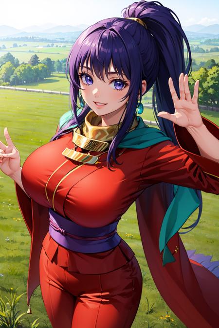 masterpiece, best quality, kukuru, earrings, red kimono, huge breasts, green scarf, red pants, standing, looking at viewer, smile, from above, field, waving <lora:kukuru-nvwls-v1-000010:0.9>