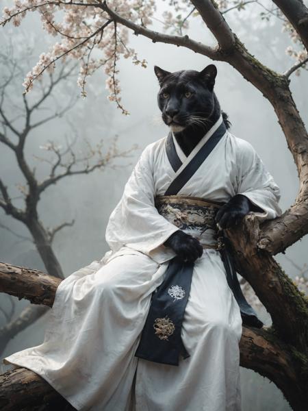 anthropomorphic panther wearing Hanfu robe lying on branch, on tree, Chinese traditional clothing, cold temperament, high-end design style, tall figure, Cloud and mist entanglement, Artistic, White color tone, Long Shot, Mysterious feeling, mythological legend, dynamic shot，16K,

cinematic fil still, amazing quality, high fashion editorial, glsl shaders, wallpaper, film grain,

<lora:aesthetic_anime_v1s:1.0>, <lora:xl_more_art-full_v1:0.5>, <lora:add-detail-xl:0.3>