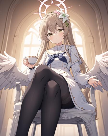 breathtaking,nagisa \(blue archive\),1girl, solo, looking at viewer, hair ornament, long sleeves, dress, holding, sitting, flower, pantyhose, wings, hair flower, sailor collar, white dress, blurry, neckerchief, feet out of frame, halo, chair, holding cup, feathered wings, teacup, angel wings, white sailor collar, white wings, drinking
  <lora:Nagisa_image98_v1-000040:1> . gorgeous,key visual, vibrant, studio anime,award-winning, professional, highly detailed,high budget, cinemascope