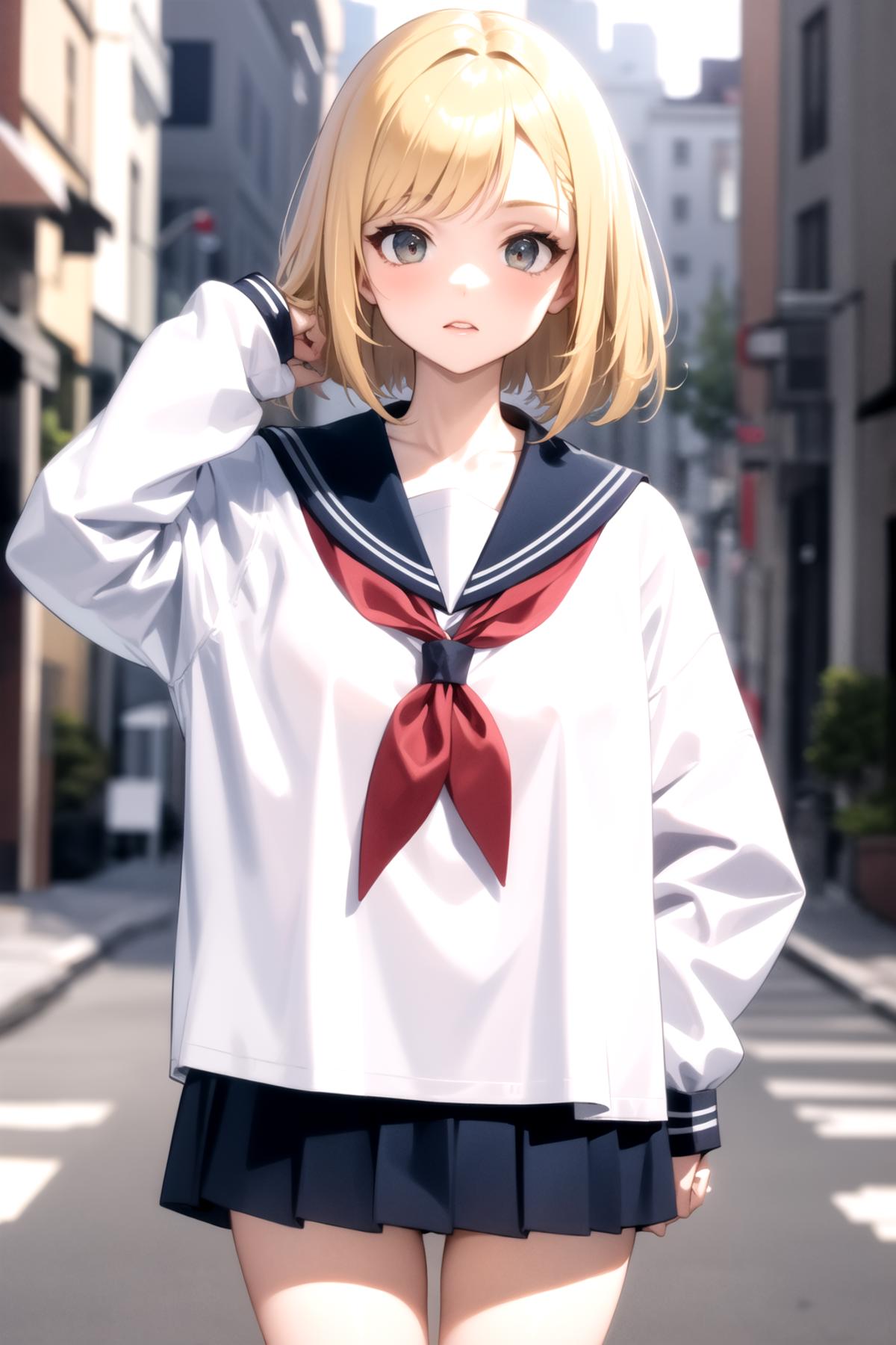A cartoon illustration of a girl wearing a white shirt with red and blue accents, a red bow tie, and black shorts.