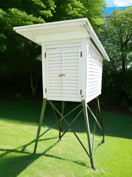 hyakuyoubako,white,box with legs,very small box, slim legs,diagonal,very high positions,shingle roof,sunshade,blind,