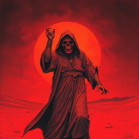 Dark art a cloaked ominous monk from the 70s-style pulp painting, standing in a psychedelic red desert dancing his ass off, his jaw is grotesquely wide open, The sky is red and otherworldy. Duotone: Burnt orange and deep plum. Mood: Occult ritual meets 80's crinkled concert poster art style. Grim reaper, doom metal-style, gritty, desert ritual, screamo
