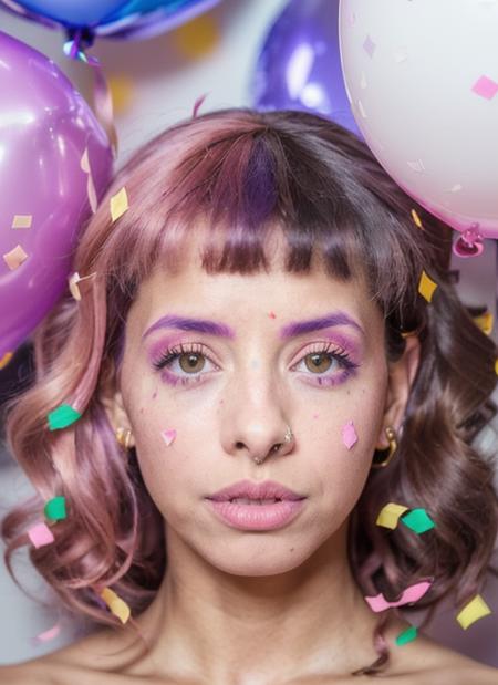 portrait of sks woman on the birthday party, epic, no makeup, (photo, studio lighting, hard light, sony a7, 50 mm, matte skin, pores, colors, hyperdetailed, hyperrealistic), ((balloons, confetti)),  <lora:locon_melaniemartinez_v1_from_v1_64_32:1>