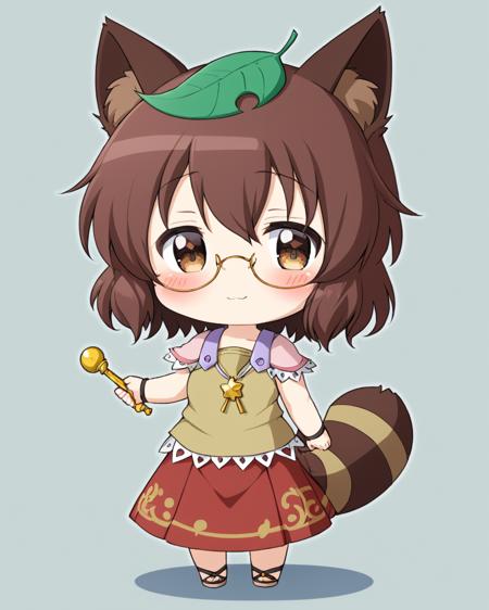 futatsuiwa mamizou,1girl, glasses, leaf_on_head, raccoon_tail, solo, chibi, :<, pince-nez, blush, skirt
<lora:futatsuiwa_mamizou_image2346_2023-12-20-000010:1>,star-shaped_pupils,symbol-shaped_pupils,. gorgeous,key visual, vibrant, studio anime,award-winning, professional, highly detailed,high budget, cinemascope