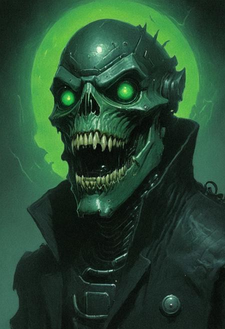 DnD_Grainyboyz, grainy, noise, Dark artwork of a human like robot, giant jaw, cold silver metal, big round glowing green eyes, wearing black and detective coat