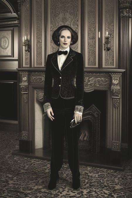 EasyNegativeV2: Vintage film's still, with a grainy texture, capturing a wealthy gentleman adorned in extravagant Victorian attire, standing in the ornate library of a grand mansion, the flickering flames of a roaring fireplace casting dancing shadows on the intricately patterned wallpaper and gleaming mahogany furniture.