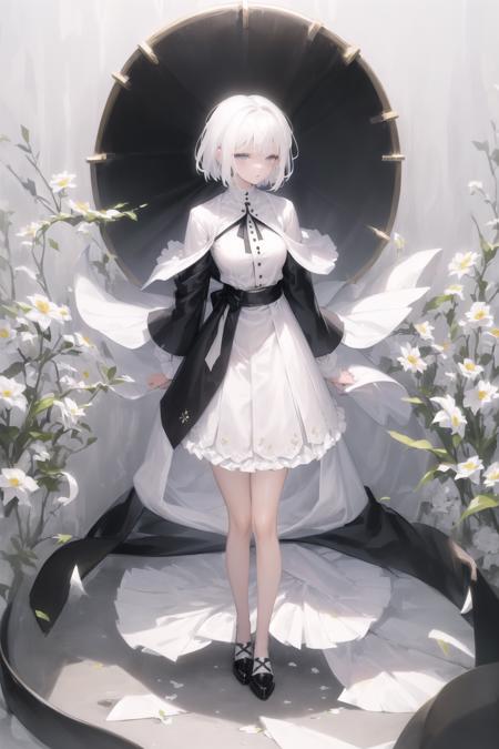 <lora:Addams-000002:0.7>, originVV, 1girl, white hair, short hair, hair decor, standing, flower background, full body, white background,