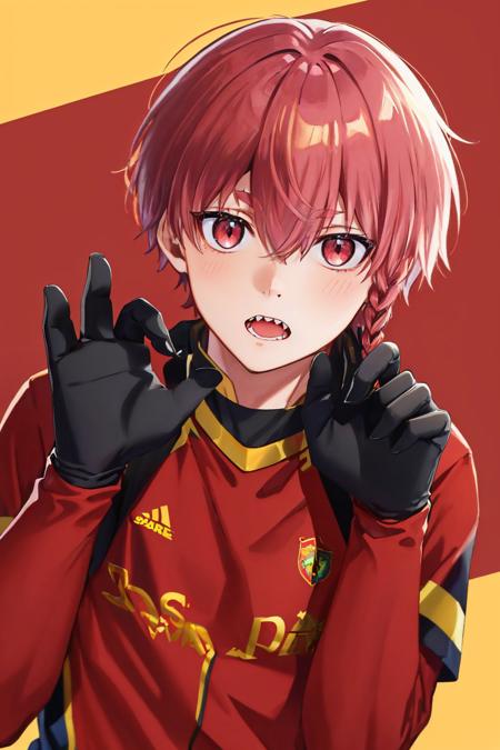 (masterpiece, best quality:1.2), solo, male focus, 1boy, kurona ranze, sharp teeth, looking at viewer, claw pose, red sportswear, black gloves <lora:bluelock_kurona:1.0>