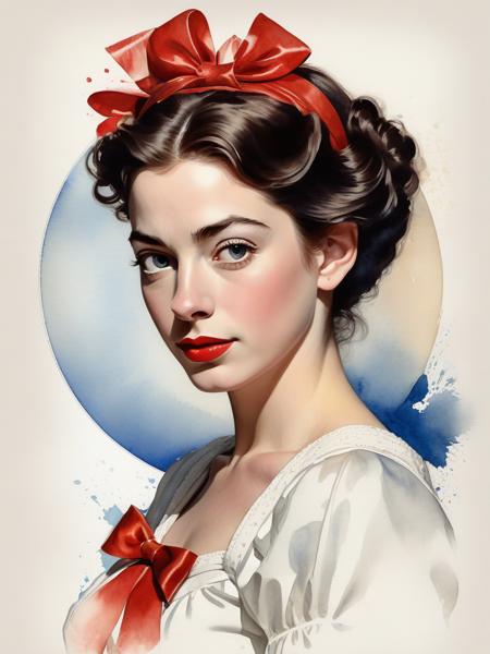<lora:04Vintageillustration_Hap_XL:1.5>, Norman Rockwell style, a water color portrait of a dreaming princess with very few bold lines, colored monochrome, look like Anne Hathaway, detailed circular iris, detailed bow shaped reddish lips, symmetrical. retro style movie poster, detailed emotional expression. detailed brushstrokes, intricately detailed paper texture, ((Anne Hathaway:1.2)). high resolution, 8k, HDR, masterpiece, high quality texture paper. Art by playposer,