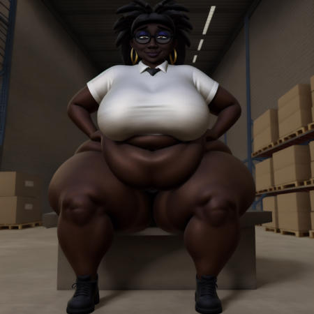 obese, woman, white shirt with a tie, black pants, black shoes, glasses, black hair, large hoop earrings, eyeshadows, dark skin