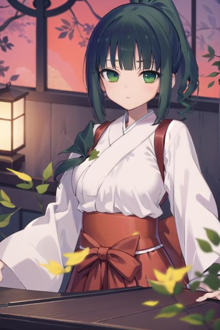 harutakimi, <lora:harutakimitest:1>, haru takimi, bangs, (green eyes:1.5), ponytail, green hair, blunt bangs, (medium breast:1.2)
BREAK skirt, japanese clothes, hakama, hakama skirt, miko, red hakama,
BREAK looking at viewer,
BREAK outdoors, shrine,
BREAK <lora:GoodHands-vanilla:1>, (masterpiece:1.2), best quality, high resolution, unity 8k wallpaper, (illustration:0.8), (beautiful detailed eyes:1.6), extremely detailed face, perfect lighting, extremely detailed CG, (perfect hands, perfect anatomy),