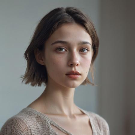 Ultra detailed film photograph with tiny depth of field, shot in an empty studio space with complex lighting. The bare bust of a beautiful woman, her hair and face and slender neck and delicate collarbone and small firm breasts. She looks stoic and severe, soft eyes that are perfectly in focus. From her lips flows richly colored Monochromatic paint, it trickles thickly from her lips down her chin, dripping on her tiny breasts, trickling down her neck.