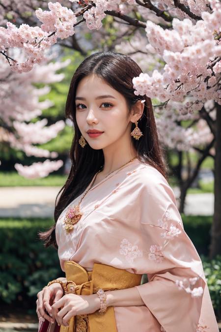 (realistic),(masterpiece:1.2), (best quality:1.2),looking at viewer,dramatic pose,(walking in sakura garden:1.2),golden hour,dim light,rim light,(sakura:1.2),
1girl,(pink sabai),(jewelry:1.2),long hair,(linekanok pattern:1.25)
, <lora:sabai6:0.8>  <lora:linevichit3:0.7>