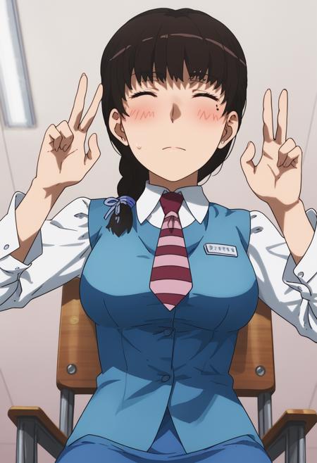 takamiya komachi, brown hair, braid, mole, brown eyes, closed eyes, necktie, uniform, pencil skirt, office lady