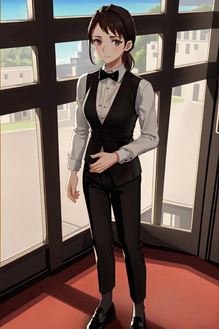 1girl,((solo)),standing,facing viewer,looking at viewer,arms at sides,white shirt,black vest,black bowtie,black pants,leather shoes,milliesa,black hair,pontytail,in casino,luxurious style,indoors,<lora:MillieSA:0.7>,