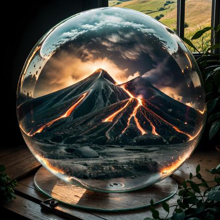 A miniature volcano inside a glass bubble. Bubble is placed on the windowsill. Volcano eruption with smoke and fire coming out, lava descends on the slopes of the mountain. Extremely detailed, 8K, apocalyptic punk style, miniatures, macro photography in close-up.