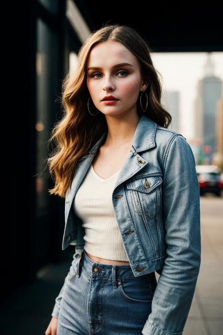 photo of (0dej0nge:0.99), a beautiful woman, perfect hair, (vintage photo, Light Gray Fringed Jacket, Wide-leg Pants), 85mm, (analog, cinematic, film grain:1.3), (tintype), (in a futuristic city:1.2), detailed eyes, (seductive pose), (epicPhoto), (looking at viewer), painted lips, earrings, (cinematic shot:1.3), PA7_Portrait-HL_v2