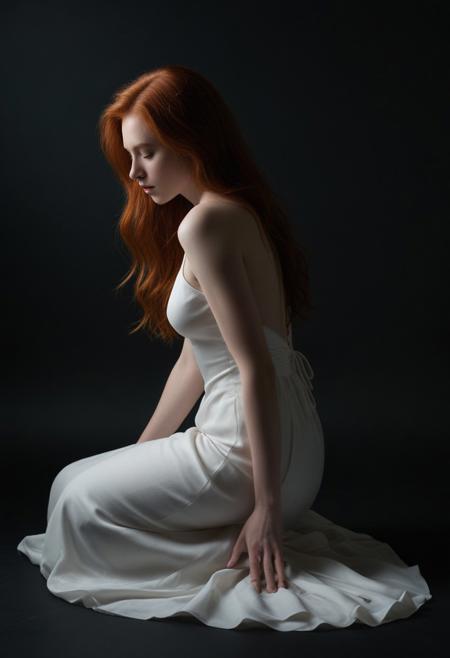 A young woman with pale, porcelain skin and long, flowing auburn hair kneels on a dark, matte surface, her diaphanous white dress clinging to her gentle contours. She is captured in a tenebrous, introspective pose, her eyes closed in quiet contemplation. A single, focused light source from above and slightly behind her casts dramatic shadows, emphasizing the S-curve of her back and the delicate fabric. The camera angle is low, enhancing her ethereal beauty against the impenetrable blackness. The scene is bathed in high-contrast, volumetric lighting with subtle halation, creating a mood of vulnerability and ethereal calm. Symbolist chiaroscuro and tenebrist techniques, combined with film grain and a teal and orange color grading, add depth and texture. The lighting setup features a soft, warm spotlight positioned at a 45-degree angle, casting a gentle glow that highlights her features and creates a high dynamic range. aidmaimageupgrader