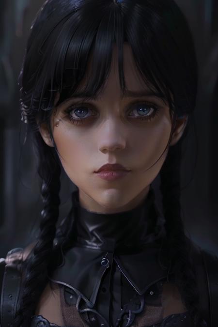 Wednesday Adams, goth, cute black dress, cleavage, horror, black hair, 4k, 
(mature:1.2) Style-Princess, 30 years old, w3day_14, masterpiece, best quality, highest quality, cinematic lighting, (volumetric lighting), extremely detailed CG unity 8k wallpaper, focused, 8k wallpaper, 4k wallpaper, extremely detailed, ultra realistic, photorealistic, sharp focus, absurdres, (HDR:1.2), (high contrast), photograph, detailed and intricate, instagram, portrait, highly detailed, digital painting, artstation, concept art, smooth, sharp focus, illustration, cinematic lighting <lora:Wednesday Addams:1>