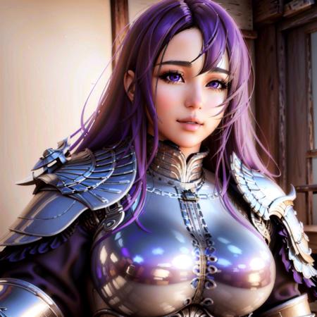 (masterpiece,highres,beautiful, realistic,extremely detailed face,best quality:1.2), Claire_(vindictus), 1girl, solo, long hair, purple hair, (purple eyes:1.2), hair between eyes, armor, lips, shoulder armor, gauntlets, breastplate, knight, full armor, chainmail, plate armor, boobplate, smile, (sitting, bedroom, bed), eyes half closed,   <lora:Claire2_lora:0.8>