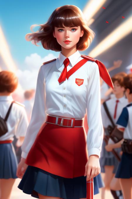 Masterpiece, beautiful 20yo student girl walking in retrofuturistic paradise ciyty , crowd of people, short brown hair, blue eyes, black skirt school uniform, white shirt, red scout tie, (white shining background:1), highly detailed