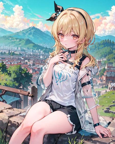 1girl,solo,, luminezjj,shirt,jacket, see-through,sitting,  <lora:[luminezjj,shirt,jacket]:1>,outdoors,mountainous horizon, short sleeves, shorts,hand on own chest,