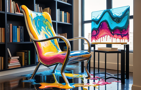 a metal chair in the corner  of a modern apartment next to a book case, 
<lora:GeekyXL_Liquid_Marble:0.8>
goo flowing and morphing like oil,
chair dipping with multi colored glass, thick dripping goo, 
kaleidoscope of bright hues, primarily blue, yellow, orange, and pink,  fluid motion,
 in the background an apartment livingroom