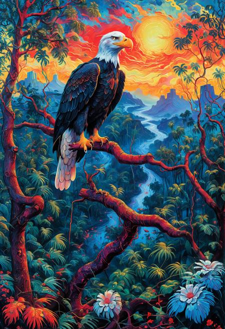 PsychadelicChaos, absurdres, high resolution, detailed, photograph, In a surreal landscape, the iconic blue and white hues of psychadelic come together to form the scene. The bald Eagle, psychadeliced in a bold red collar and matching black pants, sits proudly on a branch, gazing out at the lush jungle below. at Dawn, Sharp and in focus, stylized by William James Glackens, American realist, Ashcan School, urban scenes, genre painting, lively brushwork, colorful palette, <lora:Upgraders\Detail Tweaker XL:1.0>, <lora:Challenge\aidmaPsychadelicChaosWorldMorphXL-V0.1:1.0>