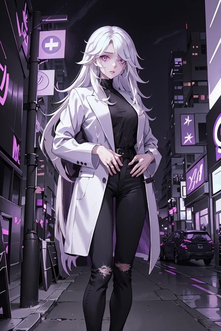 portrait, standing, chiara, white hair, purple jacket, black shirt, denim pants, looking at viewer, cityscape, <lora:ChiaraERLora:0.7>