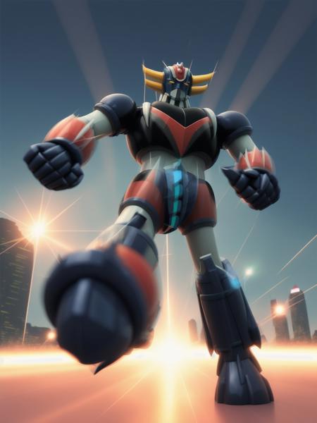 <lyco:goldorak_v1.0:1> goldorak, running, futuristic city, sharp, realistic, bokeh, 3d render, film grain, action shot, side view
