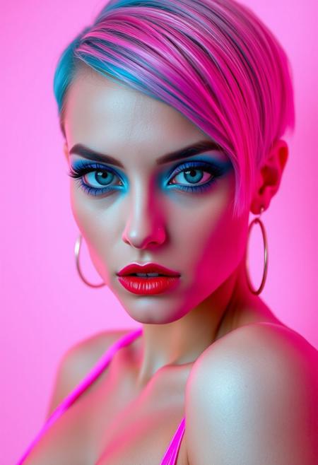 a gorgeous 25 years old caucasian woman, pale skin, cyan short hair in asymmetrical cut with shaved right side and pink longer bang on the left side, long blue eyelashes, blue mascara, purple eyeliner define her big beautiful grey eyes, green eyeshadow, luscious sensual red glossy lips, rouge, sexy curves, sexy feminine outfit with neon pink and neon cyan lines, looking at viewer dominantly