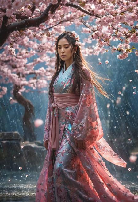 Beautiful women with long hair, 
look into the camera, 
in the cherry blossom rain, 
art by Ryohei Hase, 
dress is flying in the wind, 
full body, 
intricate details, 
liquid structure, 
clear lines, 
stunning, 
something that even doesn't exist, 
mythical being, 
energy, 
molecular, 
textures, 
iridescent and luminescent scales, 
breathtaking beauty, 
pure perfection, 
divine presence, 
unforgettable, 
impressive, 
breathtaking beauty, 
Volumetric light, 
auras, 
rays, 
Miki Asai Macro photography, 
close-up, 
hyper detailed, 
trending on artstation, 
sharp focus, 
studio photo, 
intricate details, 
highly detailed, 
by greg rutkowski