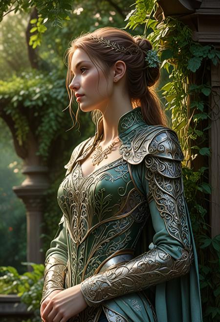 anime artwork elven ranger standing in a gazebo, close-up, full filigree ranger armor, resplendent amid the verdant glade, a moonlit world, enchanting essence, radiant form shimmered in the soft rim lighting, ethereal hues, captivating the mystical dawn mist, ferns, vines, ivy, blushing. style of Charlie Bowater, style of Alex Russell Flint, . anime style, key visual, vibrant, studio anime,  highly detailed