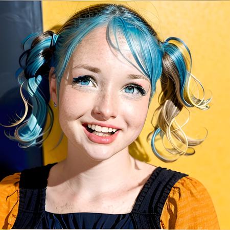 pleading expression, zoec , candid snapshot of 1girl, from below, finger touching lips,  bright orange collared shirt, heavy makeup, eyeliner, twin tails, blue eye shadow (((aqua hair with blonde highlights))), heavy eyelids,face details, looking to side, (night bokeh background), forehead, freckles, sharp focus, high contrast, laughing, motion blur, wide eyes
 