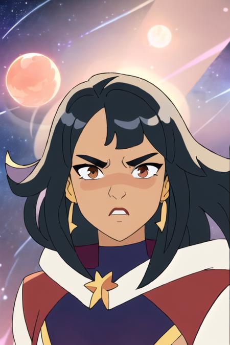 portrait of aaliyah with long shiny black hair, brown eyes, serious, wearing a ripped red jacket, floating in outerspace with planets and stars and asteroids