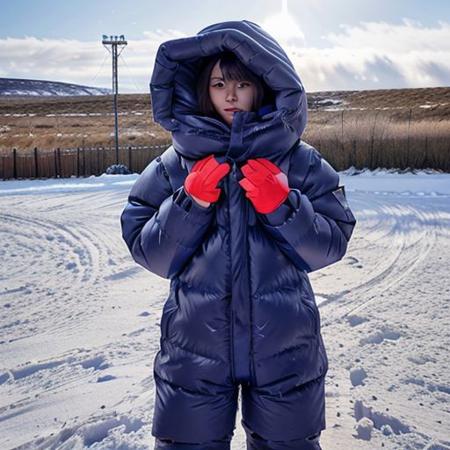 instagram photo of skinny 30 y.o group of asian women in a light blue thick puffer down long coat and puffy down pants downsuit parkasite, slim,skinny, large breasts, full bangs, medium wavy hair, outdoors, heavy snowfall, snow, ice, icicles, frost, extreme cold, blushing, freezing cold, defensive pose, defensive stance, snow in hair, covered in snow, snow on clothing, hood up, trying to stay warm  <lora:polar_parka:0.6>  <lora:Parkasite_v2:0.6>