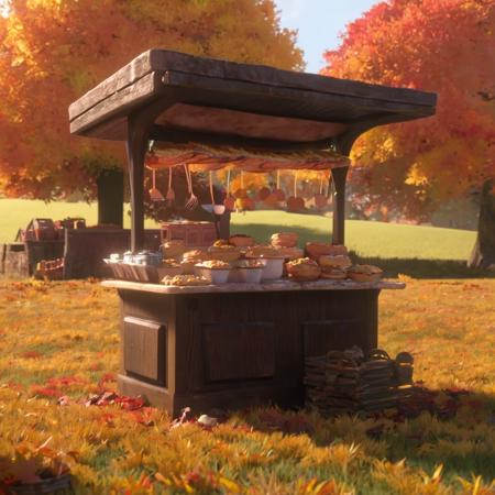 high-quality render in hwst artstyle of a food stand on the wayside of a field during autumn