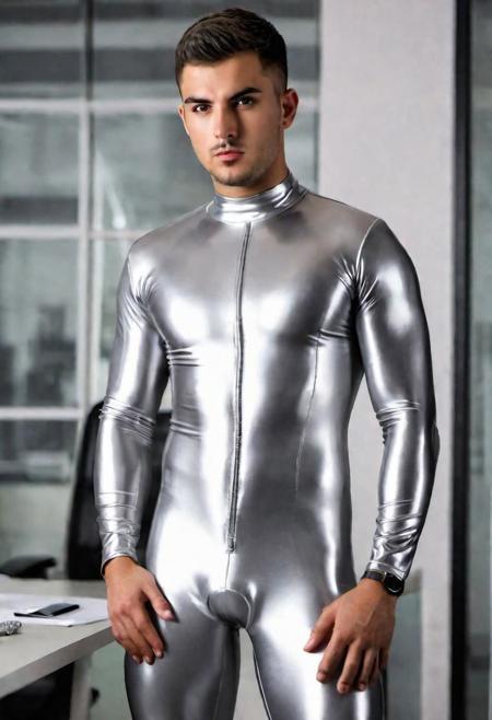 a photo-realistic 23-year-old italian male with short military haircut, man, confused face, wearing a skin tight silver  rubber catsuit with gray details, wearing a skin tight silver rubber shorts, inside a office, soldier posture, dominant posture, looking at viewer, symmetrical eyes, fine details best quality, hyperdetailed face, photorealistic, highest quality, best shadow, high contrast, character design, moody, film grain, dark, highly detailed. photography, professional, 4k, 8k HD, highly detailed, professional, photography, detailed skin, detailed rubbber texture, realistic, photo-realistic, 8k, highly detailed, full length frame, High detail RAW color art, diffused soft lighting, shallow depth of field, sharp focus, hyperrealism, cinematic lighting, RAW candid cinema, 16mm, color graded portra 400 film, remarkable color, ultra realistic, textured skin, remarkable detailed pupils, realistic dull skin noise, visible skin detail, skin fuzz, dry skin, shot with cinematic camera