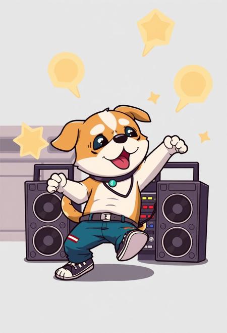 anime style, a dog break dancing with a boom box, chibi, breakdancing,