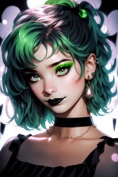 Niji Slime, 1girl, looking at viewer, smile, short hair, jewelry, earrings, choker, necklace, makeup, black choker, piercing, lipstick, portrait, black lips, green lips<lora:Niji_Slime:1>