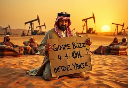 A wealthy sheikh, dressed in extravagant traditional attire, kneeling dramatically in the golden sands of a desert. He holds a tattered and rotten cardboard sign that reads, ‘Gimme Buzz 4 Oil, Infidel Yankee,’ written in crude, mismatched letters. Surrounding him is his opulent harem, lounging on luxurious cushions, unimpressed by his plight. In the background, massive oil pumping stations tower over the barren landscape, their machinery silhouetted against a blazing sunset. The scene is dripping with irony and satire, highlighting excess and desperation. Ultra-realistic, cinematic lighting with hyper-detailed textures for maximum impact.