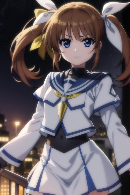 nanoha takamachi, takamachi nanoha, brown hair, twintails, blue eyes, gloves, long sleeves, wings, fingerless gloves, magical girl, winged footwear, long sleeves, ribbon, school uniform, serafuku, long sleeves, red ribbon, white sailor collar,