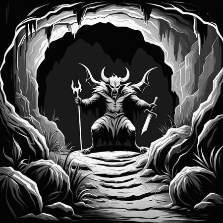 Dark Fantasy Art of  <lora:Dark Art Painting Style:1>
a black and white drawing of a devil in a cave in hell dark art painting style, dark, moody, dark fantasy style