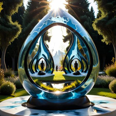a sculpture garden preserved inside a stationary teardrop of mirrored liquid, statues distorted by the curvature, grass frozen mid-wave, sunbeams entering at sharp angles and splitting into spectrum fragments, tearStyle2