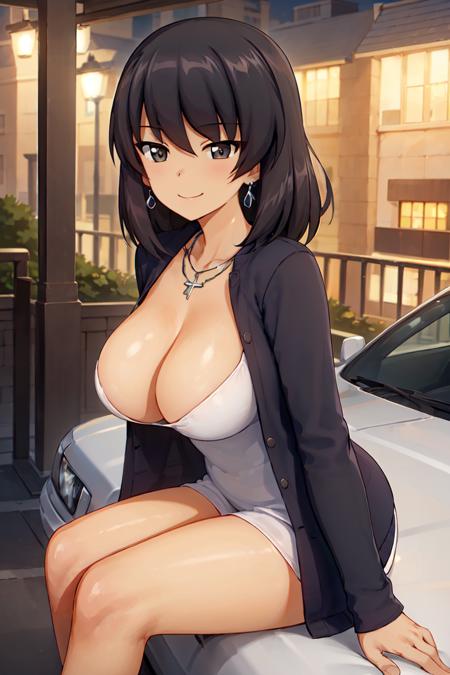 masterpiece, best quality, 1girl, solo, girls und panzer, hoshino,large breasts, (silver dress), earrings, necklace, bracelet, revealing clothes, seductive smile, night, cityscape, black car, lamborghini, sitting, leaning, leaning forward, breasts focus, looking at viewer, downblouse <lora:Hoshino:0.6>