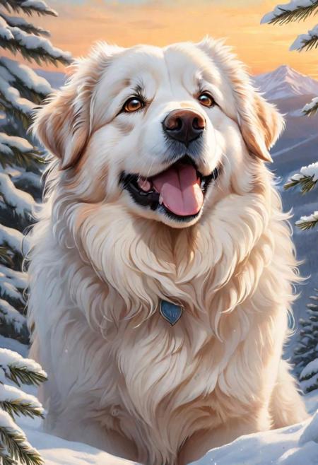 Bio luminescent, a cute adorable Pyrenees Mountain Dog in snow. heroic, close-up, hyper detailed, trending on art station, sharp focus, studio photo, intricate details, highly detailed, winter-themed illustrations, sunset, soft watercolor style, muted color palette, standing triumphant on a trees fir covered hilltop in winter , detailed soft fine fur, detailed large round eyes, atmospheric volumetric lighting, backlighting, best quality, hyper real,