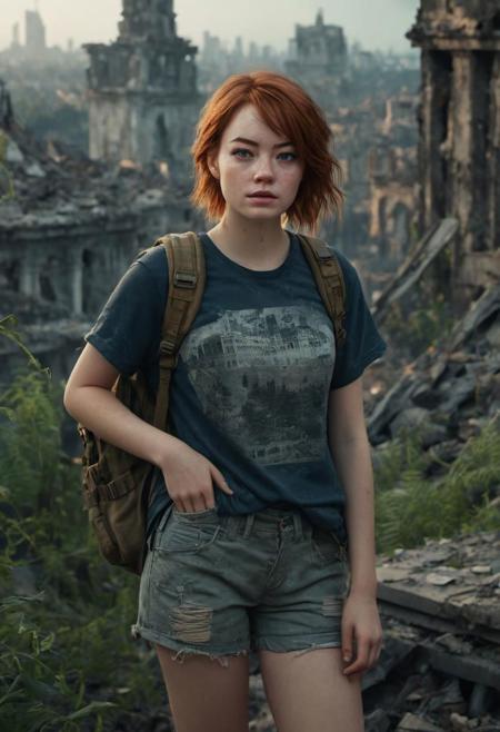 (emma stone), charming teenage girl,  freckles, short old T-shirt, military style clothes, backpack, shorts, torn clothes, traces of soot on the face, evening cityscape in ruins, with overgrown vegetation and covering the buildings. cinematic style, with intricate patterns and ornate details, 8k, digital art, artstation, cinematic lighting, bright, professional 3d model of analog film photography, faded film, oversaturated, 35mm photo, grainy, vignette, vintage, codachrome, lomography, spotted, highly detailed, found footage. octane rendering, highly detailed, three-dimensional, dramatic lighting, mystical atmospheric photo