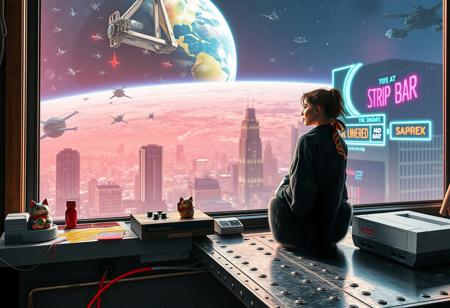 Extreme high resolution and detailed photo of Black Cat with green blue eyes sits on a cluttered metal riveted desk next to a maneki neko statue and a small Nintendo NES, the cat is looking out to a floor to ceiling window that looks out at a space scene showing many space ships, a large space station above an a earth-like planet, (((a tall thin beautiful young woman, 22 years old, is standing next to the cat looking out at the city through the window))), The woman is dressed in an ornate Japanese style bath robe and her lower legs.  The woman's hair is messy from just waking up and tied up with a ribbon. Artistic cyberpunk, dynamic perspective, a translucent neon projection of a strip club bar advertisement displaying a partially dressed woman is visible on a nearby building,